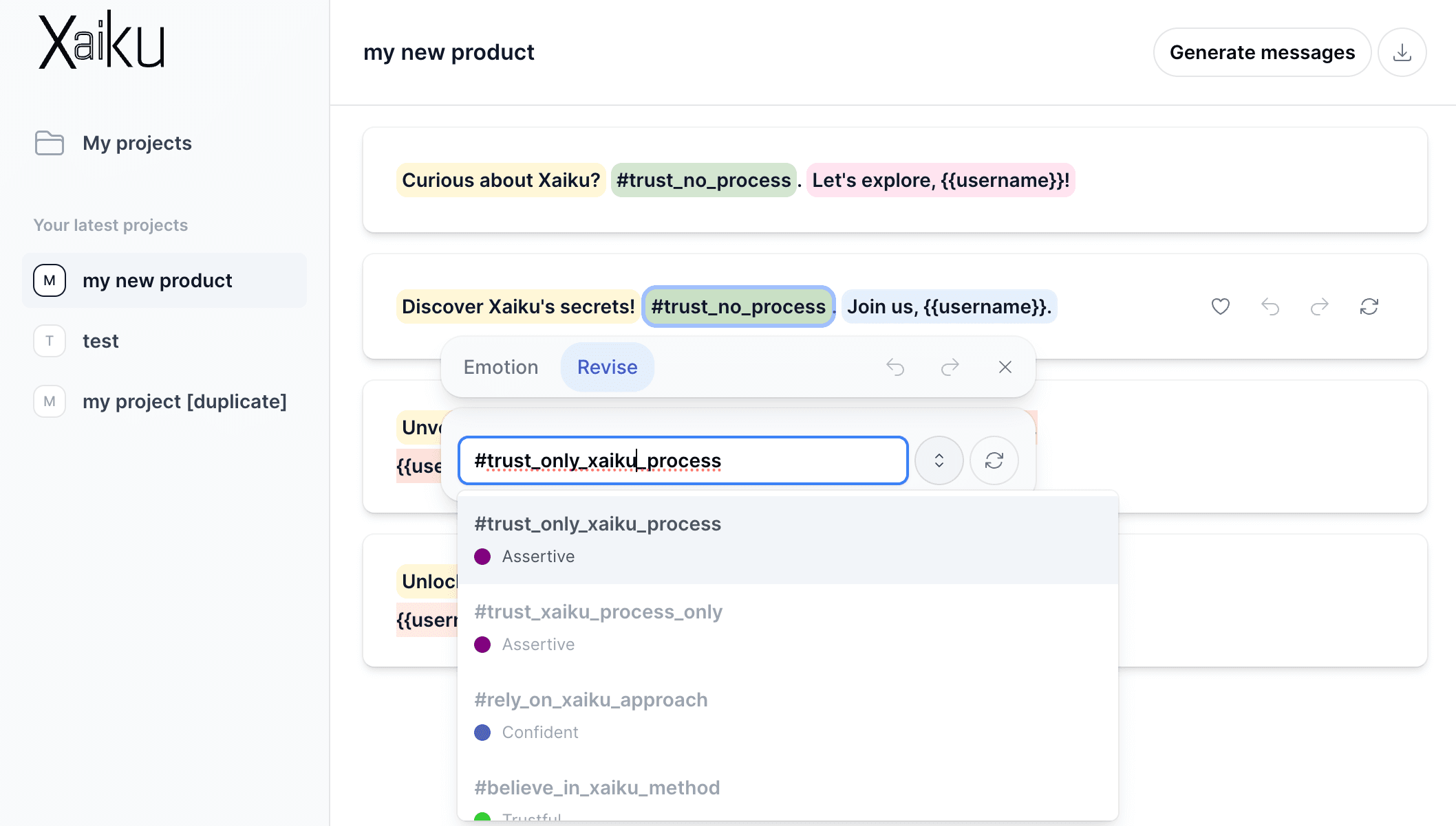 Xaiku dashboard showing variant generation and emotion analysis